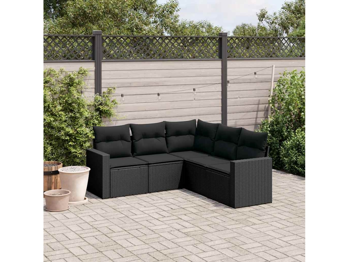 Vidaxl 5 Pcs Conjunto Sofás De Jardim Com Almofadões Vime Pe Preto