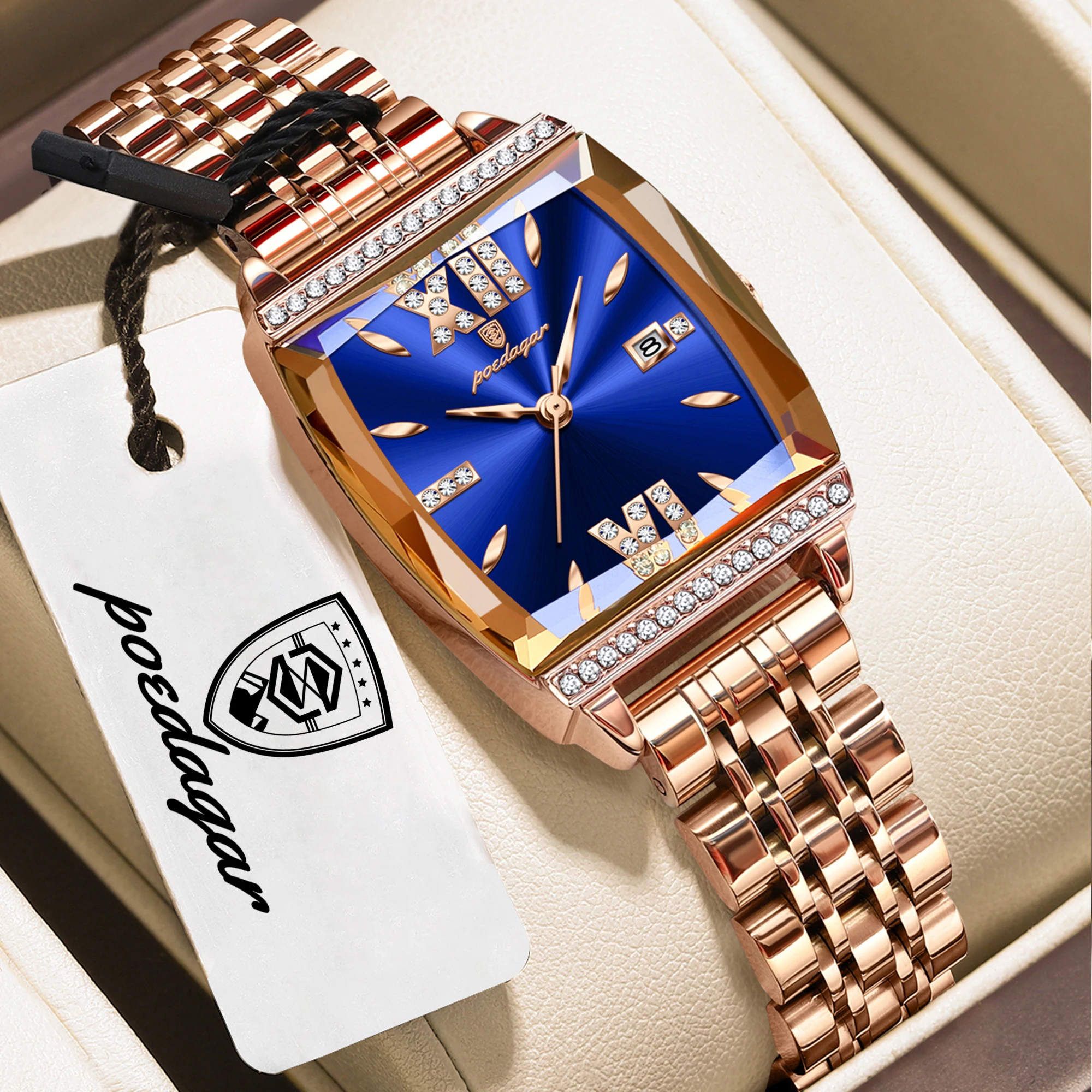 (ouro Rosa E Azul) Relógio Feminino Requintado, Com Visor De Data De Alta Qualidade, Elegante E À Prova D'água.