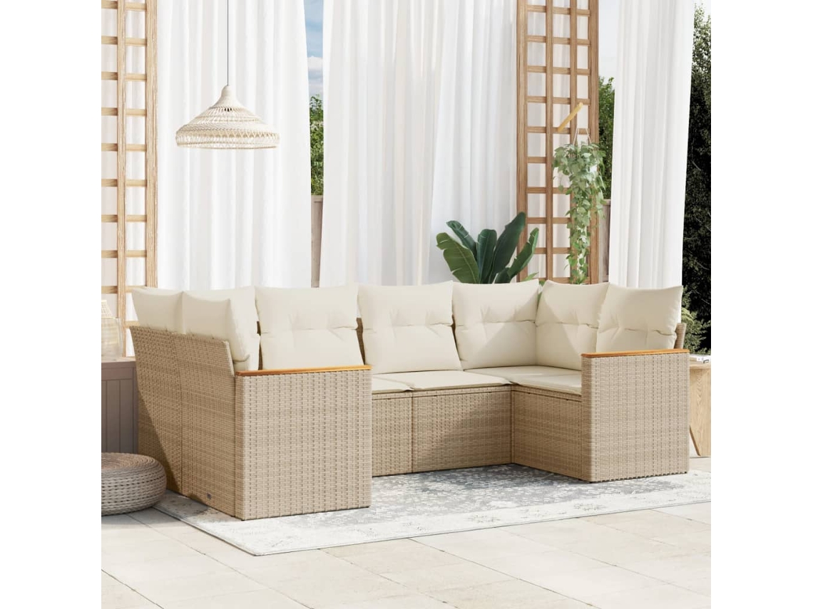 Vidaxl 6 Pcs Conjunto De Sofás P/ Jardim Com Almofadões Vime Pe Bege