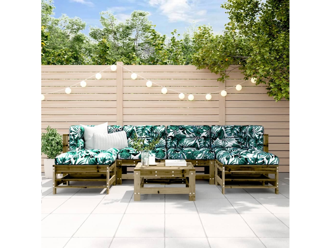7 Pcs Conjunto Lounge De Jardim C/ Almofadões Pinho Impregnado Dkd Home Decor