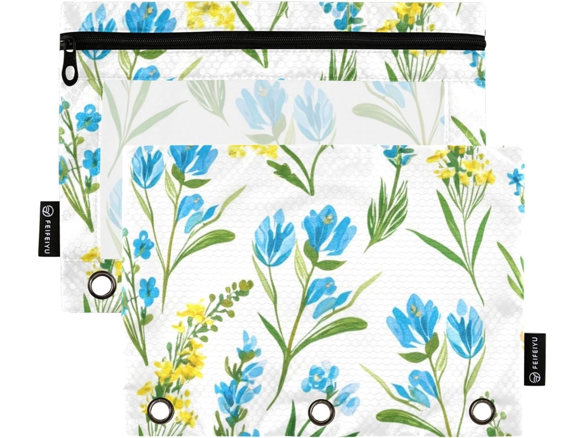 Estojo Gaigeo 3-Argolas com estampa de flores silvestres, azul e amarelo, com zíper, para lápis, bolsas e material escolar.
