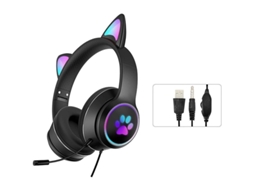 Fone de Ouvido Gamer YURU com orelhas de gato, luzes RGB, microfone USB 3.5mm, para crianças e adultos