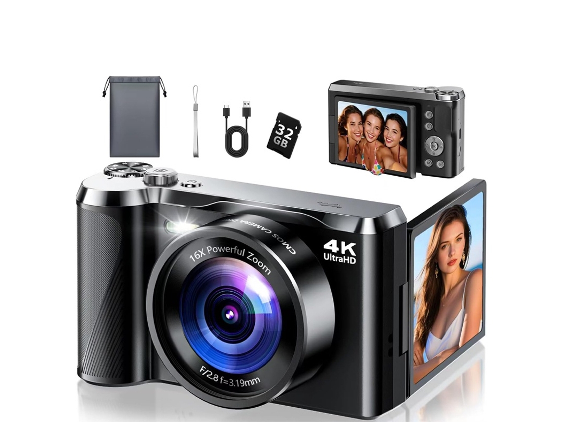 Câmera Digital 4k Com Foco Automático Rápido De 0,2s, Tela Giratória De 180º E 48mp (preta)
