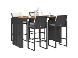 Vidaxl 5 Pcs Conjunto De Bar Jardim C/ Almofadões Vime Pe/acácia Preto