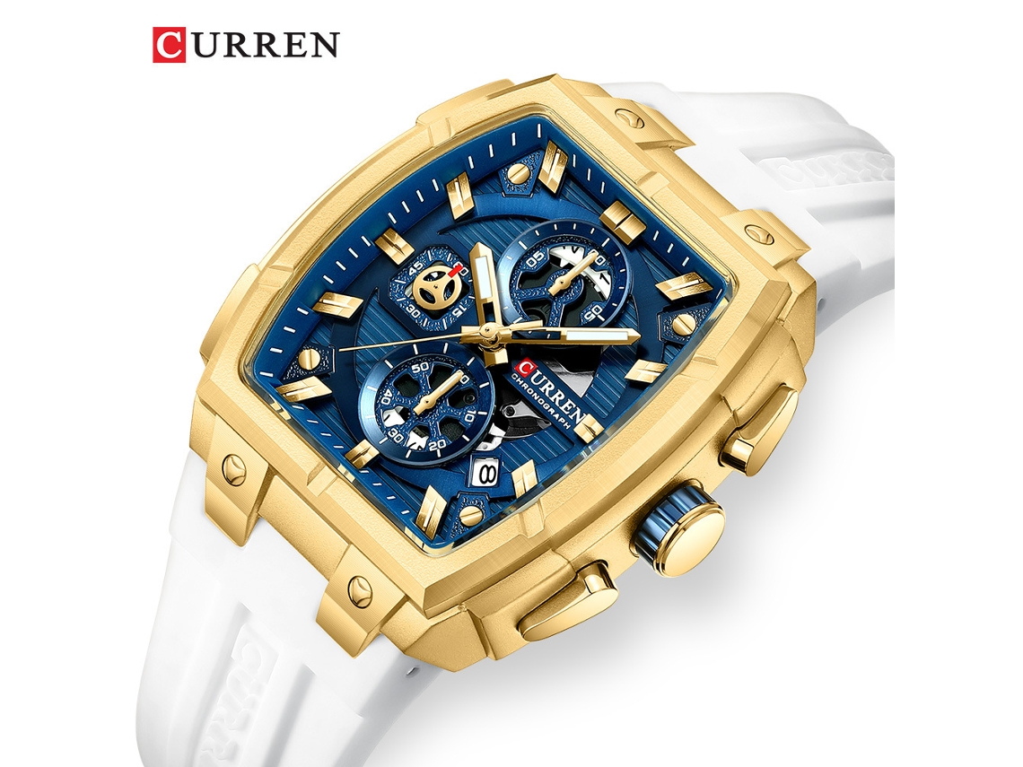 Relógio Masculino MDUG, esportivo, com calendário, formato tonneau, dourado, branco e azul