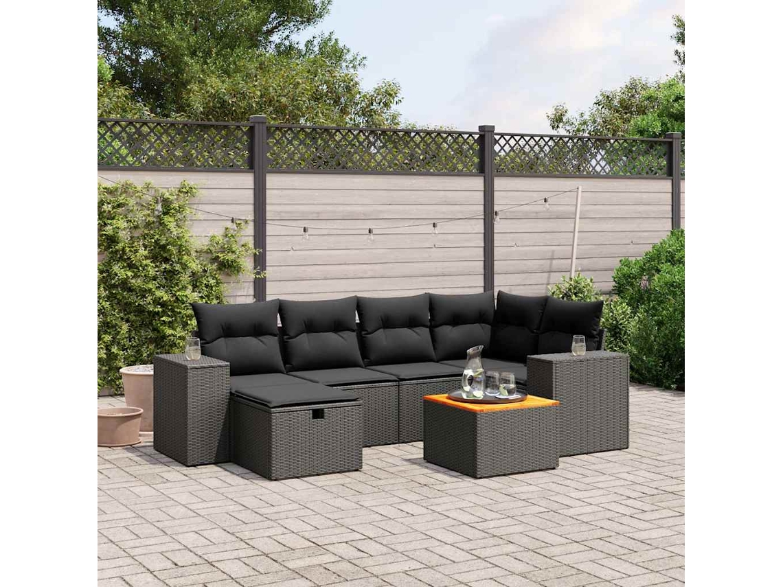 Vidaxl 7 Pcs Conjunto De Sofás P/ Jardim C/ Almofadões Vime Pe Preto