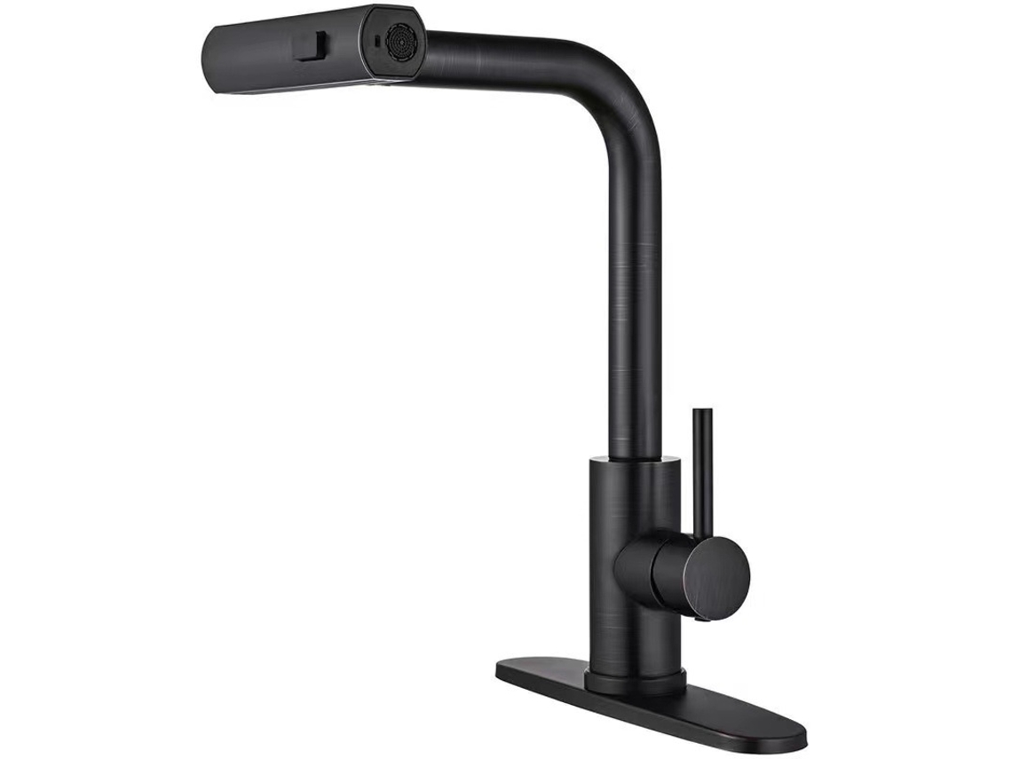 Torneira De Cozinha Moderna Aço Inoxidável Com Cabeça Pulverização Extensível, Montagem Em Furo Único, Cascata E 3 Modos Fluxo Para Uso Doméstico