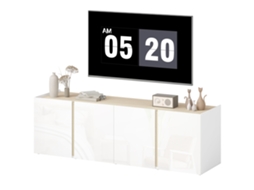 Suporte Tv Com 4 Portas Soft-close, Prateleira Ajustável E Ilhós Cabos, 135x38x45cm, Na Cor Branca