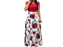 Rebe-vestido Largo De Manga Corta Com Estampa Floral E Gola Redonda Para Mulher, Ideal Para Praia E Festas L Rojo