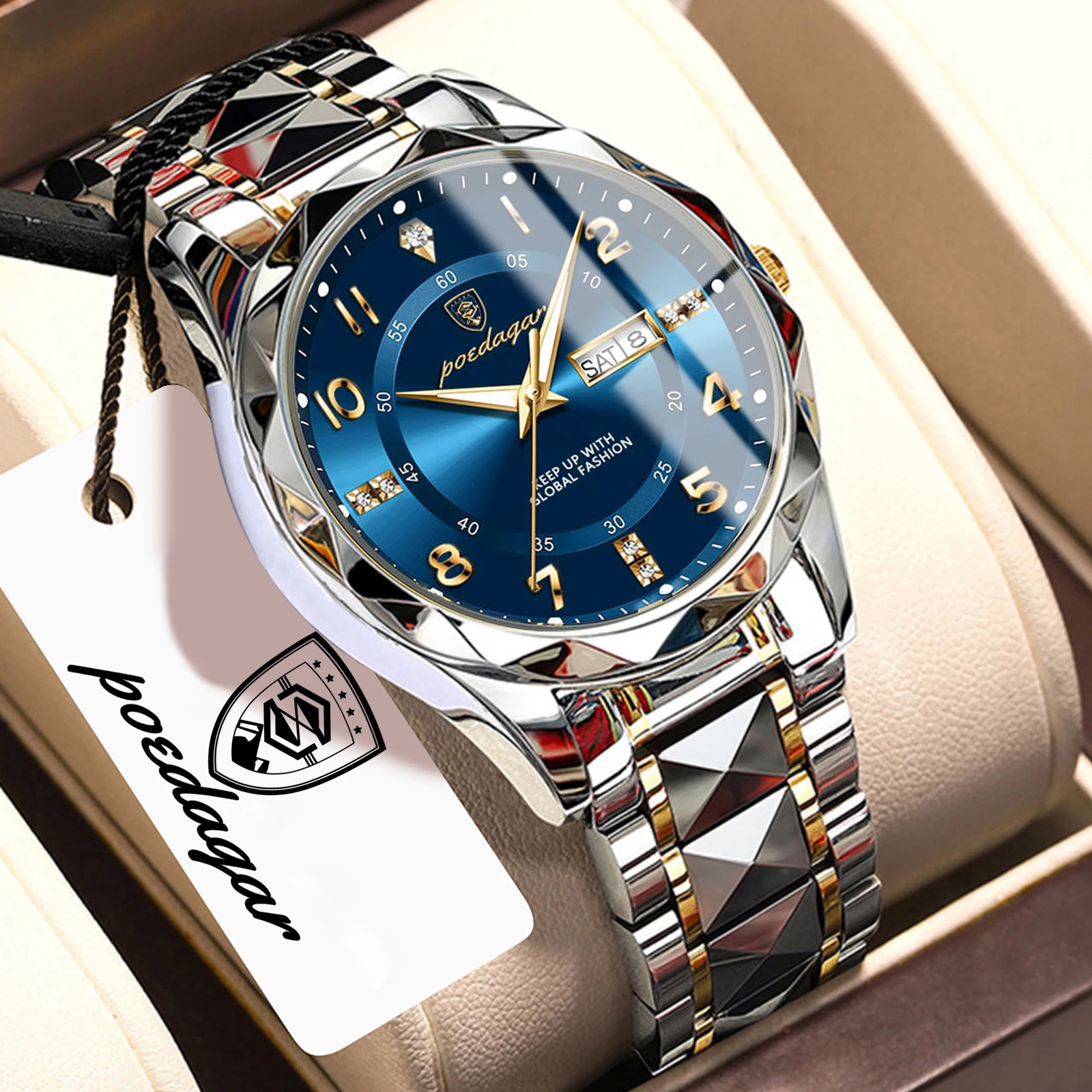 (Dourado e Azul) Relógio de quartzo masculino refinado e luxuoso, com exibição de data e dia da semana, ideal para ambientes de negócios e residências.