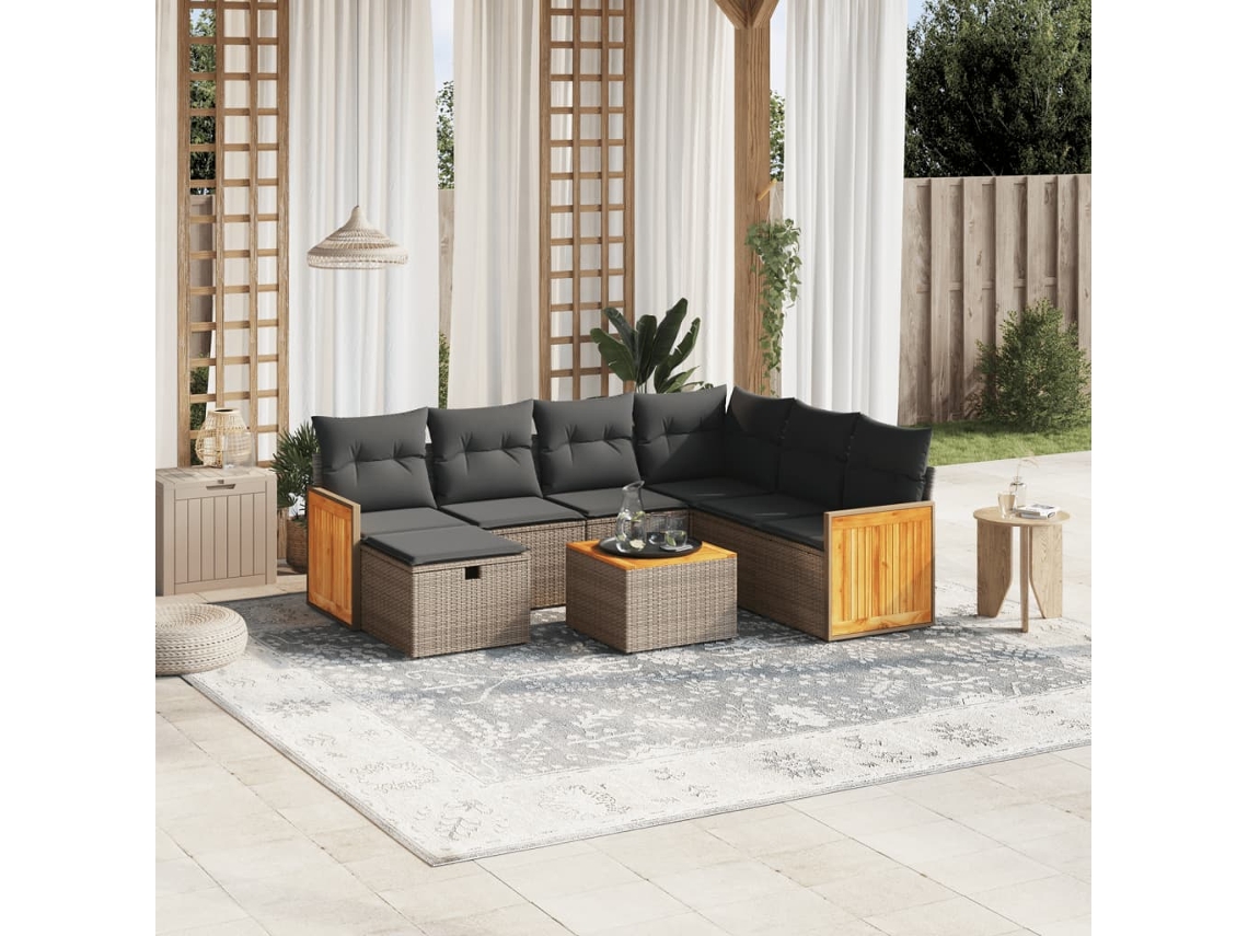 Vidaxl 8 Pcs Conjunto Sofás De Jardim C/ Almofadões Vime Pe Cinzento
