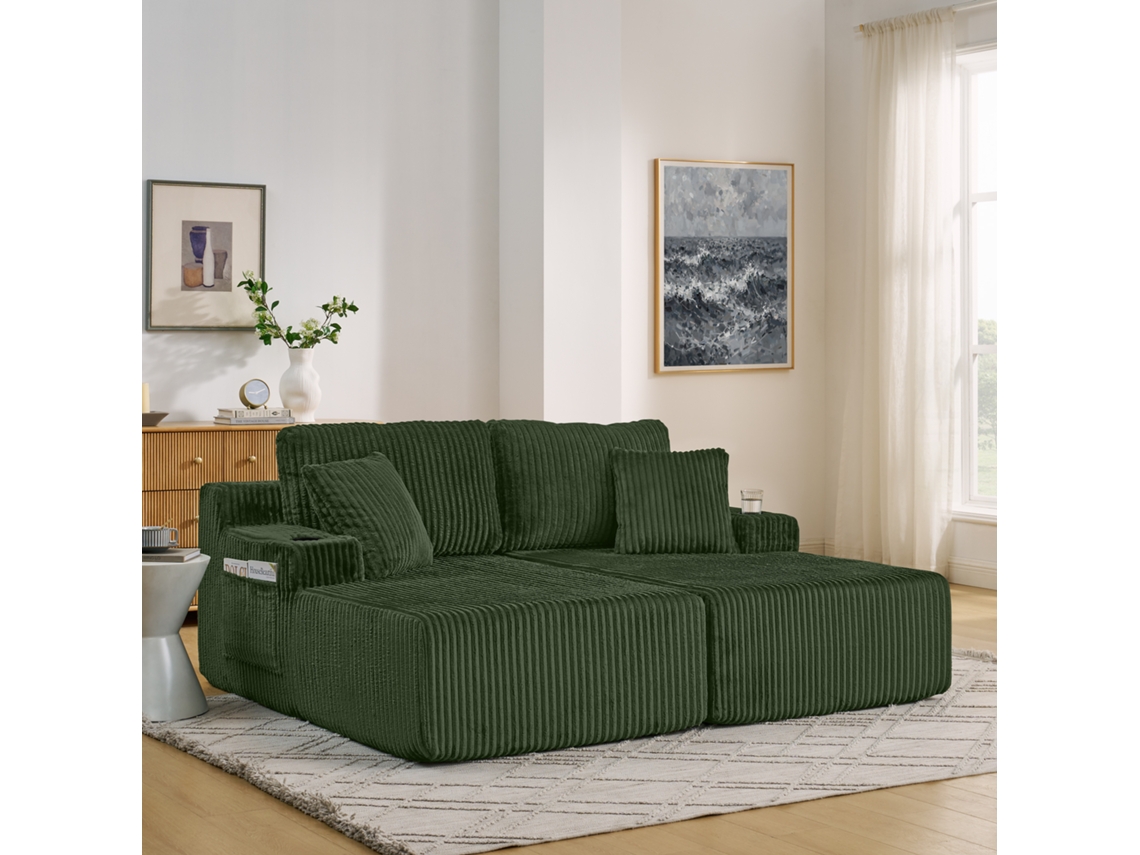 Sofá Reclinável 2 Lugares Em Veludo Cotelê Com Porta-copos E Bolso Lateral, Verde