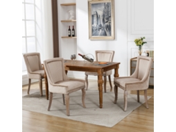 Conjunto De 4 Cadeiras Luxuosas Em Veludo Bege Com Tachas Decorativas E Pés De Madeira Maciça.