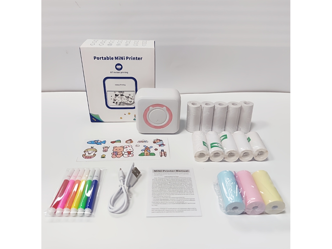 Impressora Térmica Portátil, Inclui 5 Rolos Branco Comum + 5 Adesivos Branco + 3 Coloridos, Trabalhos Manuais Adaptáveis. STELASPLEN