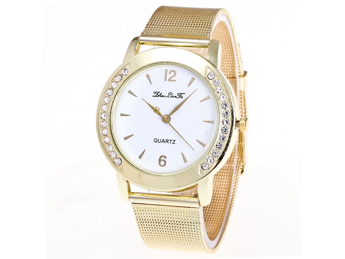 Relógio de casal de luxo com mecanismo de quartzo, pulseira estampada e strass.
