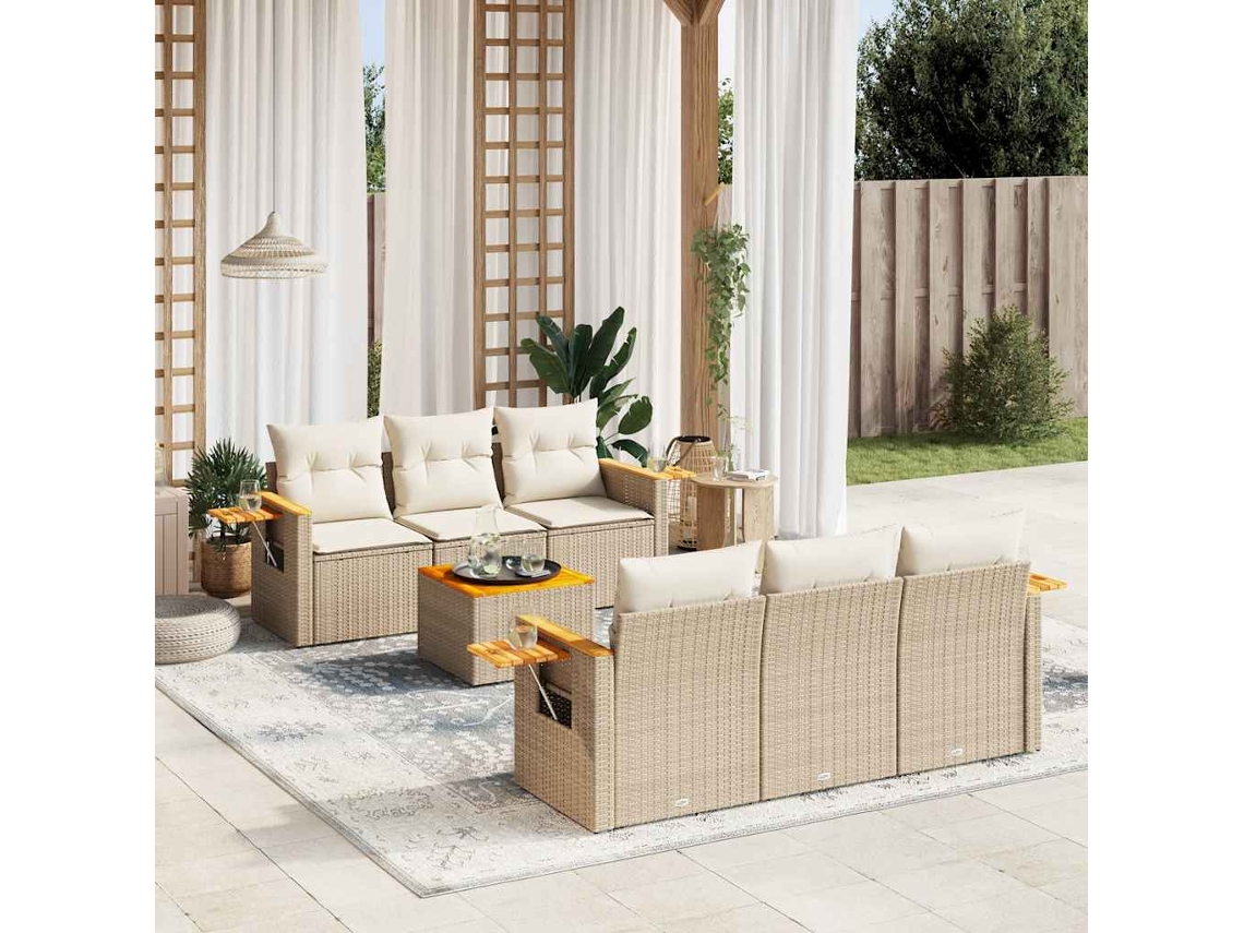 Vidaxl 7 Pcs Conjunto De Sofás P/ Jardim Com Almofadões Vime Pe Bege