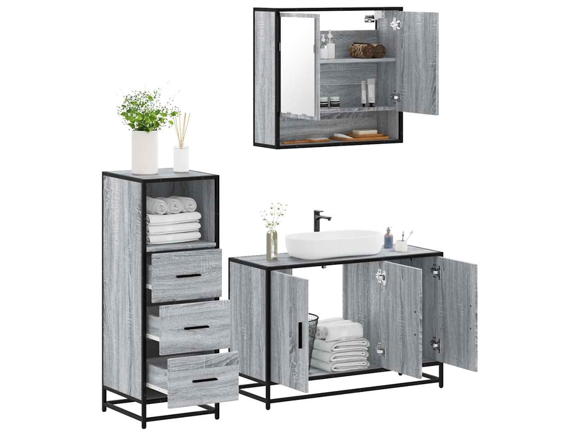 Vidaxl 3 Pcs Conjunto Móveis Casa De Banho Madeira Proc. Cinza Sonoma