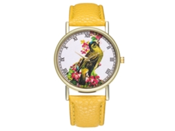 Relógio feminino Zhoulianfa com imagem de pássaro, mostrador redondo, quartzo analógico, amarelo