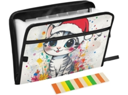 Organizador de Documentos em Papel com Zíper Estampa Gato 13 Bolsos Tamanho A4 Branco 30,5 X 43,2 Cm