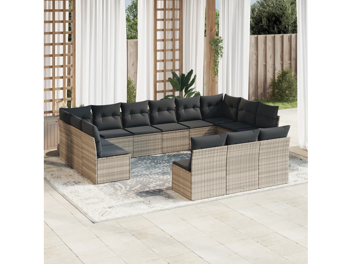 Vidaxl 13 Pcs Conj. Sofás Jardim C/ Almofadões Vime Pe Cinzento-claro