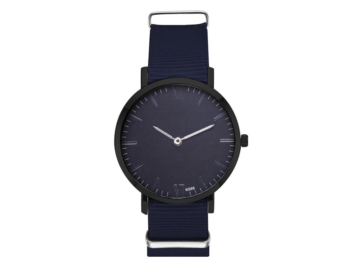 Relógio de casal moderno com pulseira de nylon, mostrador redondo e quartzo azul royal.