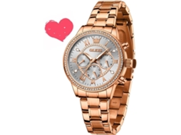 Lurelia Relógio Feminino, Movimento De Quartzo, Analógico, Data/calendário, Luminoso, Detalhes Com Strass, Aço Inoxidável, Rosa Ouro