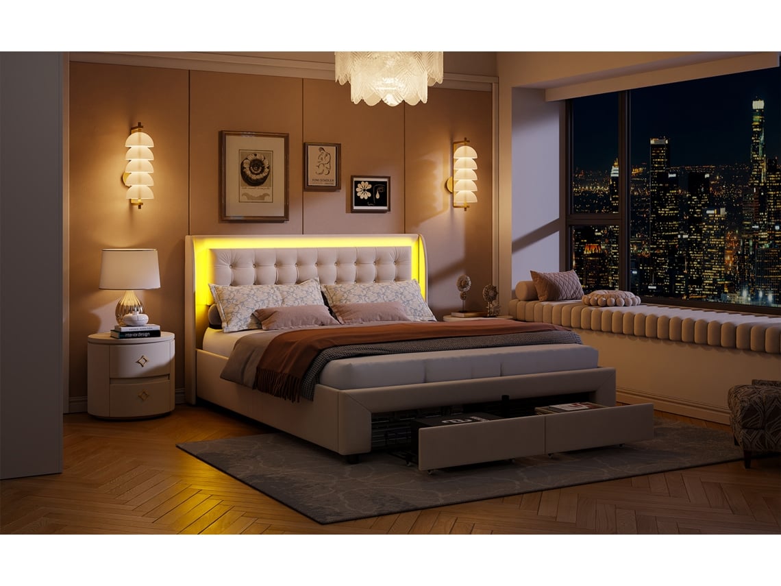 CAMA DE CASAL 160x200cm em veludo, com arrumação, compartimento hidráulico, luzes de leitura, bege