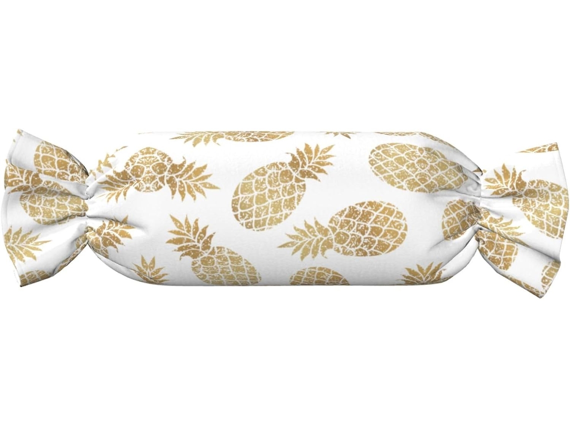 Almofada Cilíndrica Formato de Abacaxi Dourado com Fundo Estampado 100 % Poliéster Ideal para Viagens, Casa e