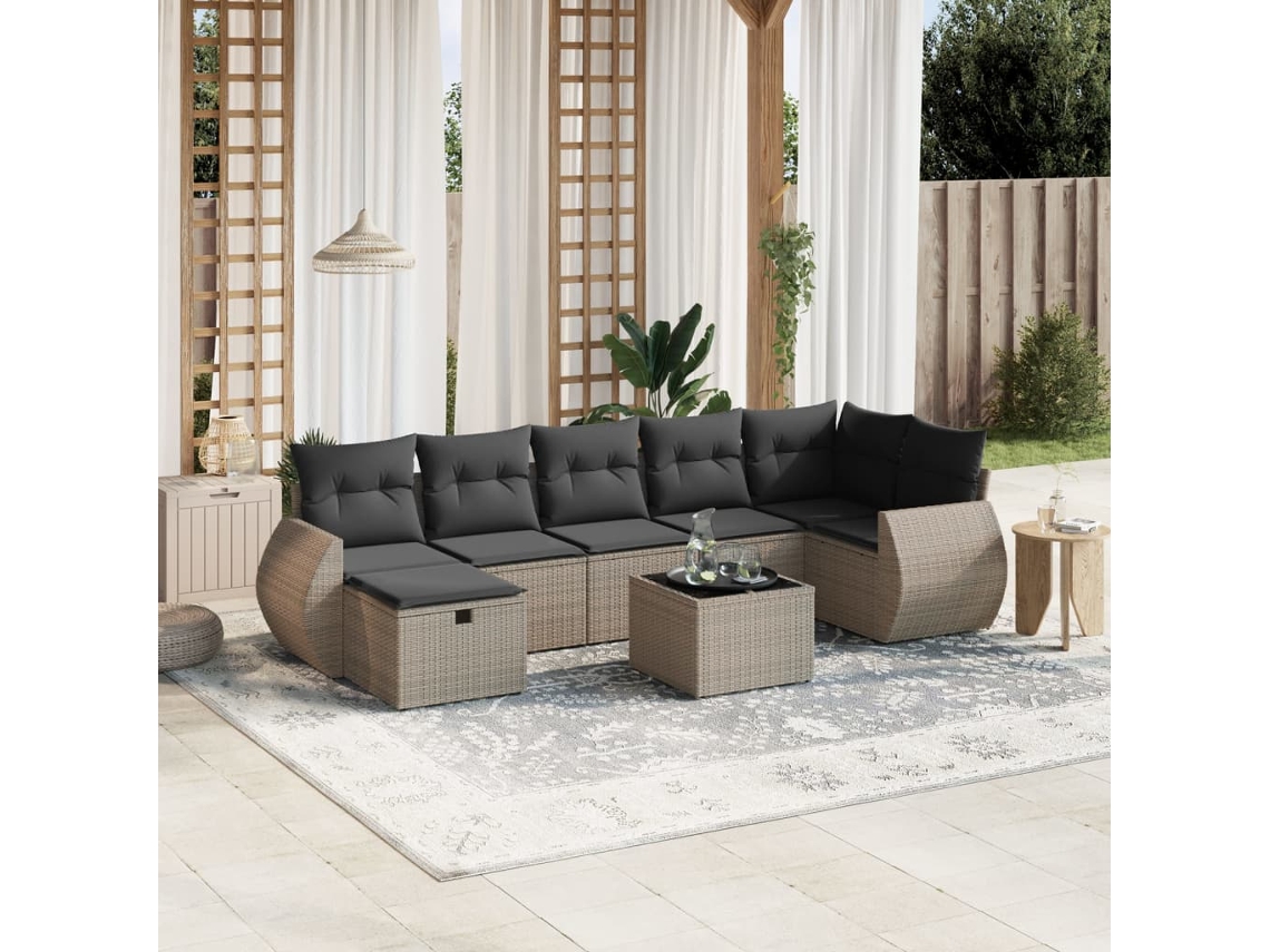 Vidaxl 8 Pcs Conjunto Sofás De Jardim C/ Almofadões Vime Pe Cinzento