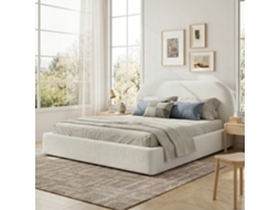 Cama De Casal Estofada 180x200 Cm - Com Base De Lâminas, Cabeceira Acolchoada - Bege Bouclé