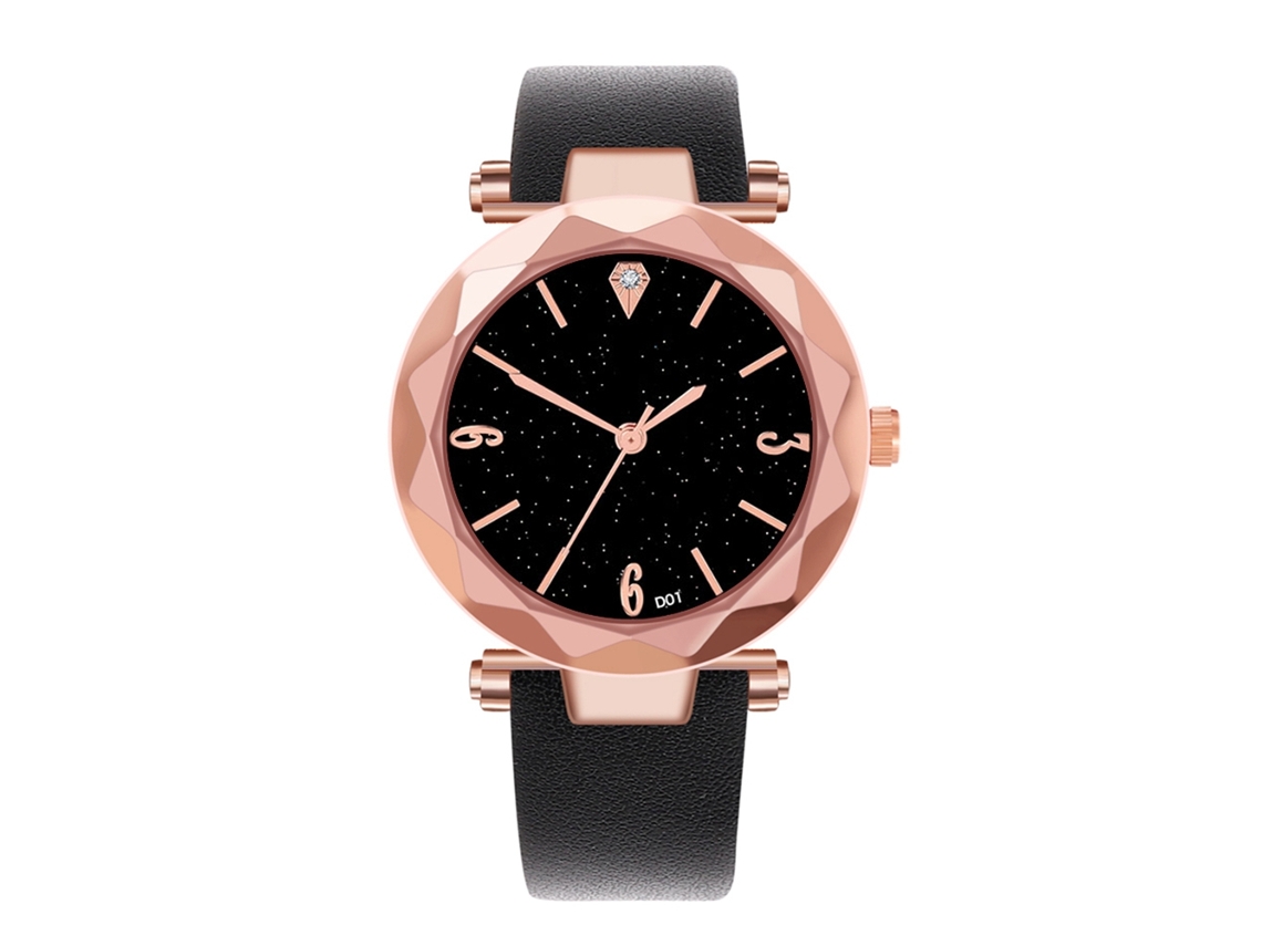 Relógio de quartzo com pulseira de couro PU, mostrador moderno com céu estrelado para mulheres (preto)