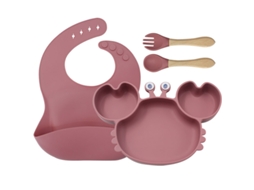 Conjunto 4 Peças Louça De Bebé Em Silicone Rosa Escuro: Prato Caranguejo, Babete E Talheres, Antiaderente, Bpa-free Para Blw