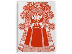Caderno vermelho de ópera com capa estampada com desenho de rosto e sopa.