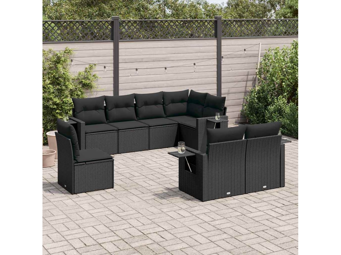Vidaxl 8 Pcs Conjunto Sofás De Jardim Com Almofadões Vime Pe Preto