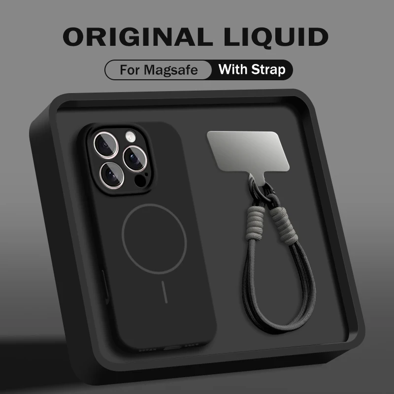 Capa Protetora De Silicone Líquido Com Carregamento Magnético (preta Para Iphone 16 Plus) Com Alça De Pulso E Cordão.