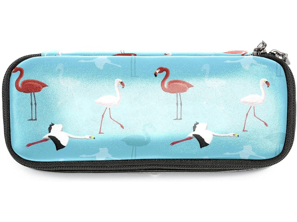 Amplo espaço de armazenamento com estampa de flamingos e garças, organizador de canetas, essencial para mochila escolar e pastas.