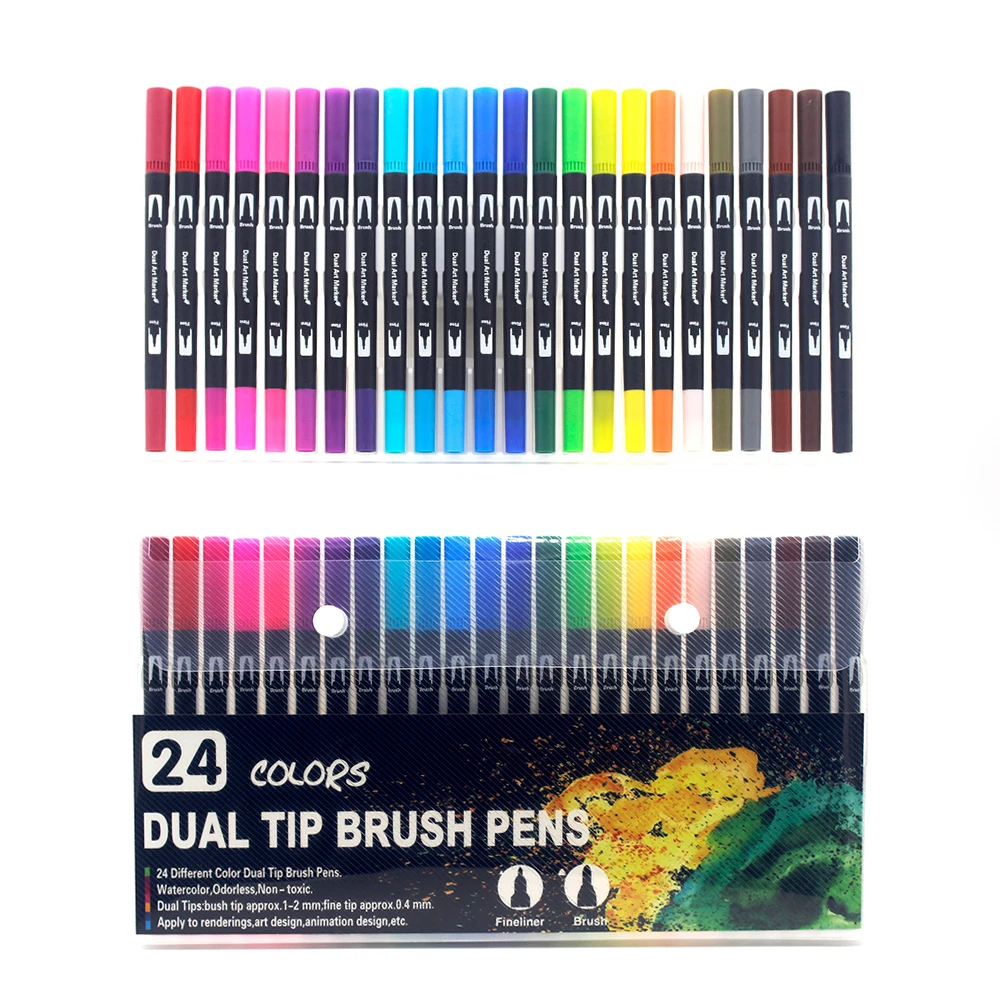 Conjunto de 24 Canetas Pincel com Tinta À Base de Água e Ponta Dupla para Desenho, Aquarela, Mangá e Esboço. Materiais de Arte AQUAFORGE