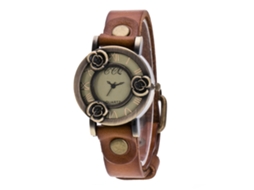 Relógio Feminino de Quartzo com Números Romanos Pulseira Pu Floral Oca Café Claro