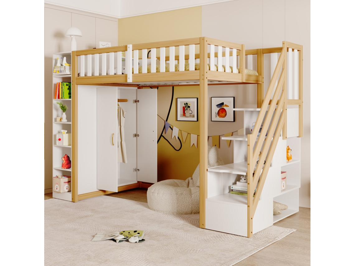 Cama Alta 90x200cm Multifuncional Com Prateleiras, Armário E Guarda-roupa Branco Madeira