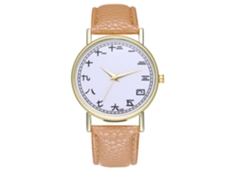 Relógio feminino de quartzo com pulseira de couro PU e mostrador redondo bege moderno.
