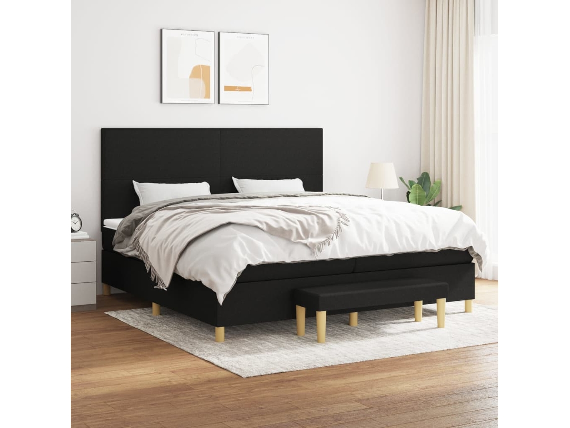 Cama Com Molas/colchão 200x200 Cm Tecido Preto