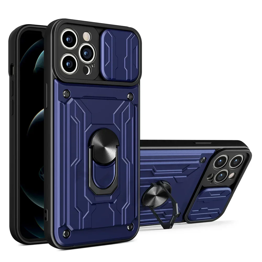 (azul, Iphone 14 Pro) Capa Com Anel Magnético 360°, Porta-cartão E Tampa Deslizante Para Câmera