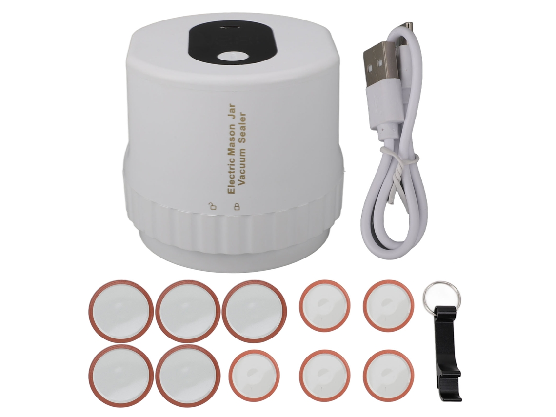 Vedador elétrico de vácuo para garrafas mason sem fio recarregável automático branco com tampas e abre garrafas | S/MARCA