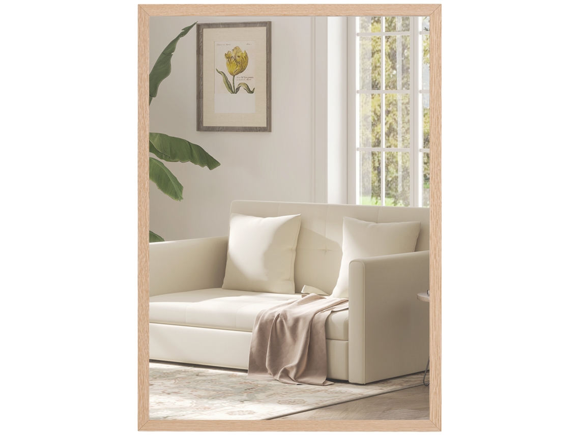 Espelho de Parede Decorativo 50x70cm Espelho Retangular Espelho de Sala com 4 Ganchos Metálicos Estilo Moderno Madeira