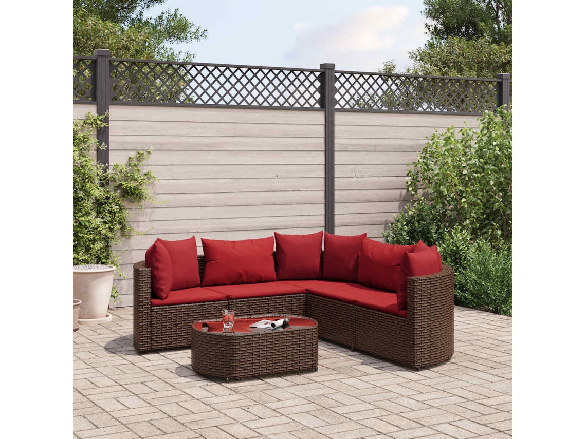 Vidaxl 6 Pcs Conjunto De Sofás Jardim C/ Almofadões Vime Pe Castanho