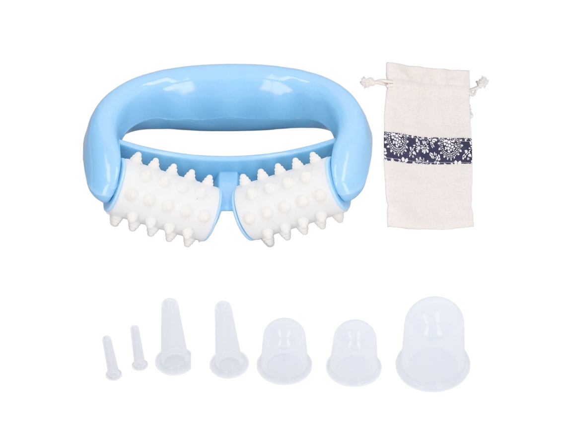 Conjunto de massagem manual com rolo e ventosas de silicone para o rosto.