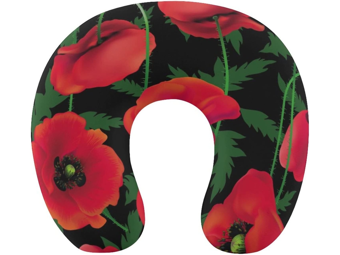 Almofada Formato de U com Lindas Flores Papoula Coloridas, Viagem Lavável, Suporte Cervical Espuma