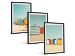 Galeria De Pinturas Murais Casas Coloridas Praia, Sol Moldura Preta Imagens Para Um Quarto Infantil Espelharte (3 Piezas De 40x60 Cm)