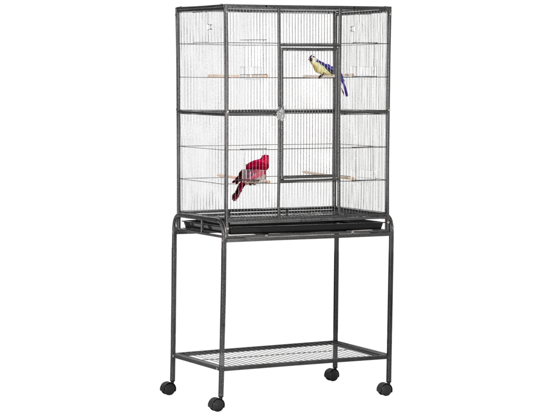 Gaiola Pássaros Rodas Metal 81x48x162,5 Cm Cinza Preto