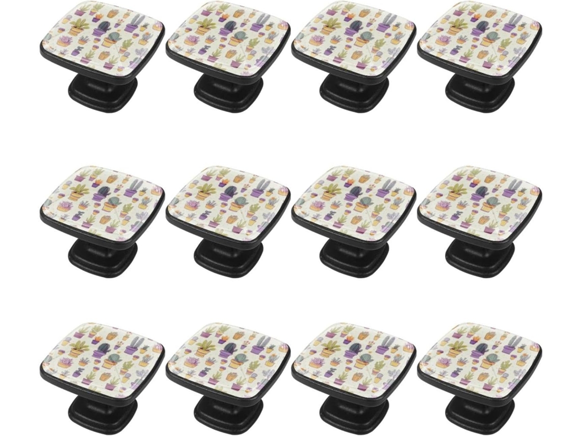 Puxadores E Botões Quadrados Para Gavetas Armários, Conjunto De 12 Peças, Com Estampas Coloridas De Cactos E Plantas